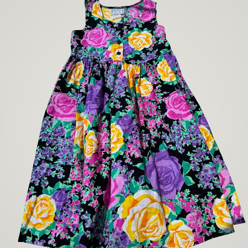 Vintage Kokomo Kids Floral Dress Girls Size 7-12 Black Rose Cotton USA 90's